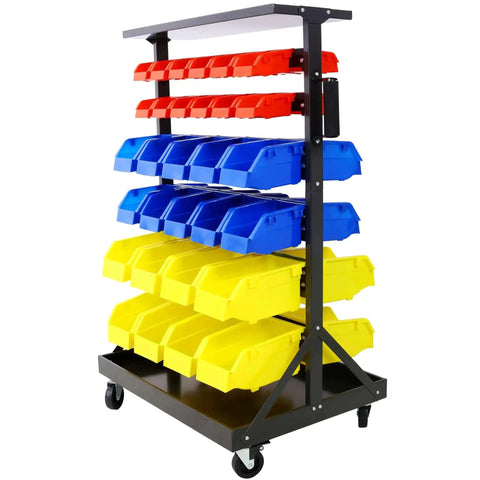 60 Bin Parts Bin Rack For Garage Storage 6 Tier Dual Sided Rolling Steel Shelf 350 Lb Capacity Heavy Duty Portable Wheels Mobile Tool Organizer With Plastic Bins
