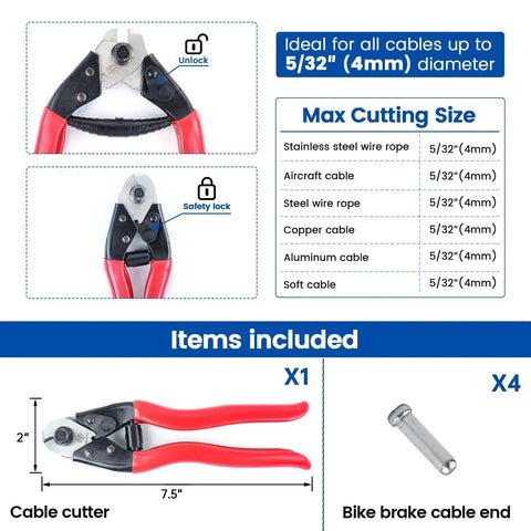 Heavy Duty Stainless Steel Cable Cutter For Wire Rope Up To One Eighth To Five Thirty Seconds Of An Inch The Workhorse For Deck Railing Fences Bike Housing And Metal Projects Aircraft Grade Build Model M015 By Muzata with red handles and cutting size chart visible.