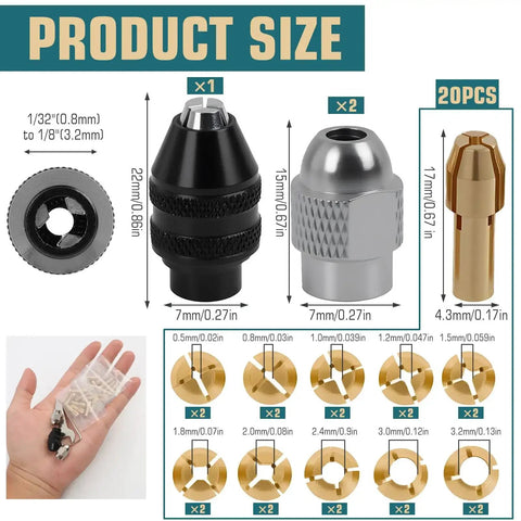 Pro Grade 25 Pc Drill Chuck Collet Set For Dremel Rotary Tools showing sizes of keyless chucks and brass collets