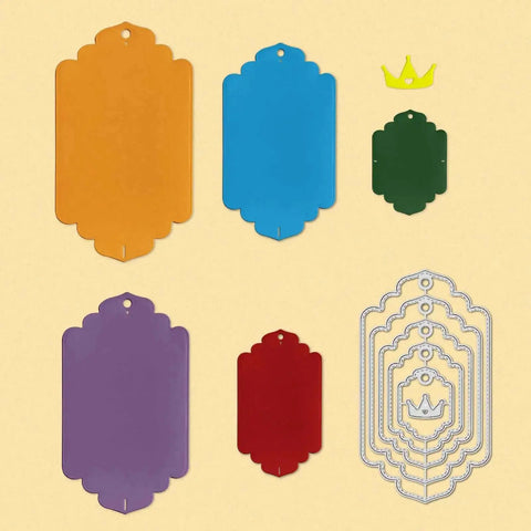 Five Set Of Thirty Six Bookmark Die Cuts And Tag Dies With Embossing Stencils For Scrapbooking, shown in colorful and metal variations