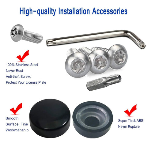 Stainless Steel License Plate Screws Kit For Car With Anti Theft Hardware M6 25mm 1 Quarter Inch Black Caps Bolts Nuts Fasteners Includes Anti Theft Screwdrivers Rust Proof, with screws, driver, and caps displayed.
