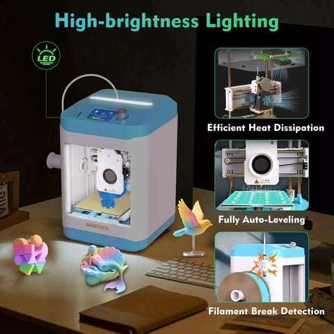 Kid Friendly 3D Printer For Beginners With Auto Leveling And Open Source Fast Printing showing features like auto-leveling and filament detection