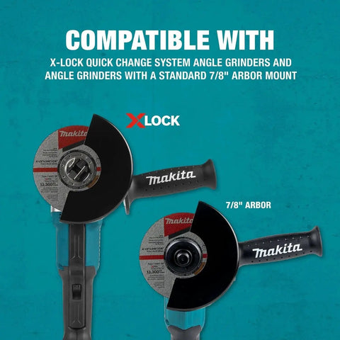 Two Makita-compatible angle grinders showcasing X-Lock Quick Change Four And One Half Inch Thin Cut Off Wheel 60 Grit Aluminum Oxide