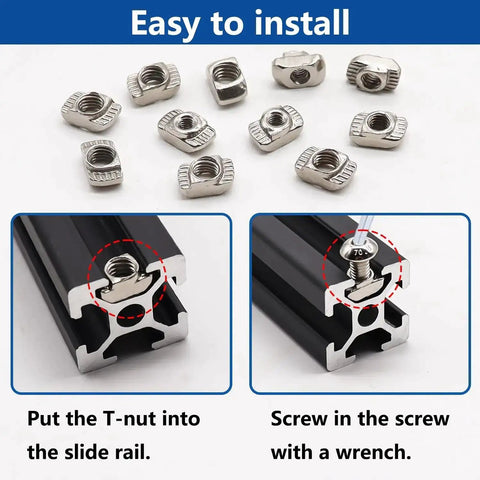 Close-up of 260Pcs M3 M4 M5 T Slot Nuts and Button Head Screws Kit installation for 2020 Aluminum Extrusion Profile, easy to install.