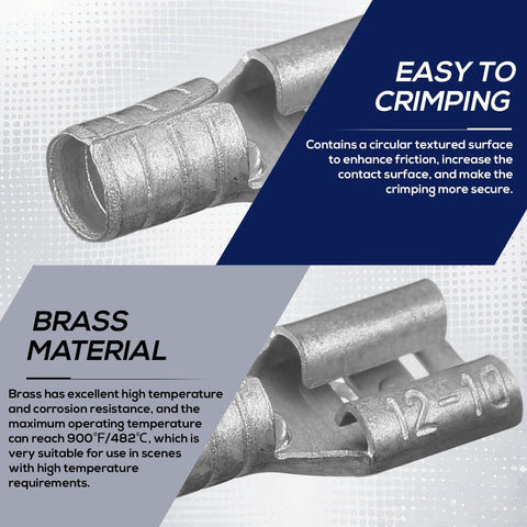 Female non-insulated spade connectors, brass material, 1/4 in female tab, 12-10 AWG, 100 pcs
