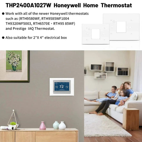 Thermostat Backplate And White Wall Mount Cover Plate For THP2400A1027W Compatible With Honeywell RTH9580WF installed in living room