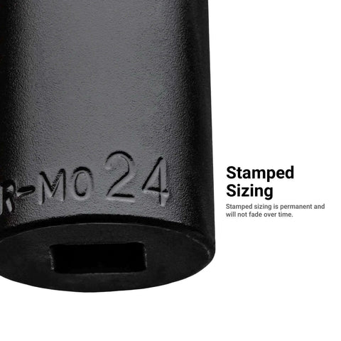 Close-up of 24mm socket from Three Eighths Inch Drive Shallow And Deep Impact Socket Set In Metric Sizes 8 To 22 Mm Premium Chrome Molybdenum Steel
