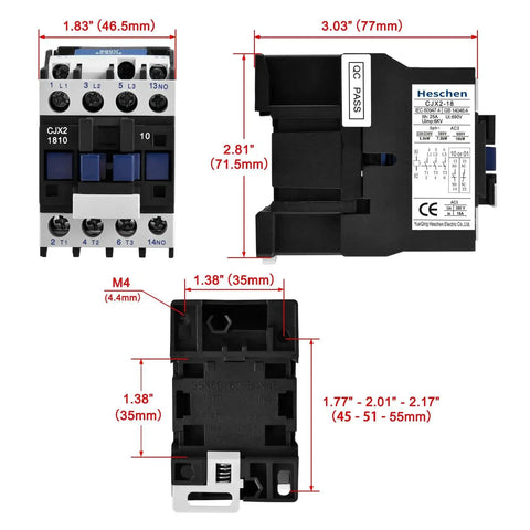 AC Contactor CJX2-1810 3 Pole Normally Open 24V Coil 380V Ue 18A Ie size dimensions for mounting