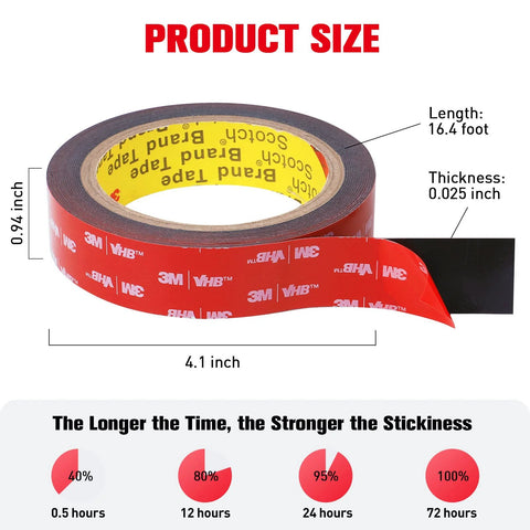 Double-sided foam mounting tape roll, 16.4 ft by 0.94 in, 3M VHB red tape with yellow core, waterproof for walls and automotive