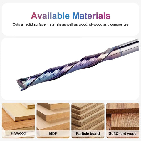 5 Pack Compression Spiral Router Bits 1/8 Inch Shank 1 Inch Cutting Length Up Down Carbide CNC Router Bit For Wood Slotting And Trimming With Tac Extreme Tool Life Coating SpeTool, shown with plywood, MDF, particle board, and hardwood samples