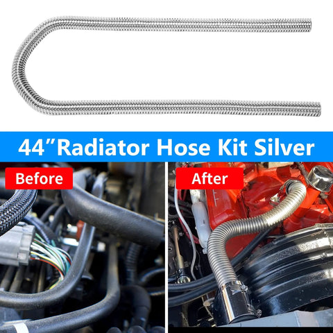 iRKY 44-inch stainless steel heater hose kit; two flexible hoses with chrome caps for 5/8" & 3/4" necks, silver