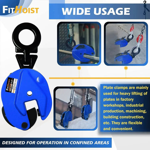 Heavy Duty Vertical Plate Clamp 0.8 Ton Load For Lifting And Transporting, close-up of blue clamp in various lifting scenarios