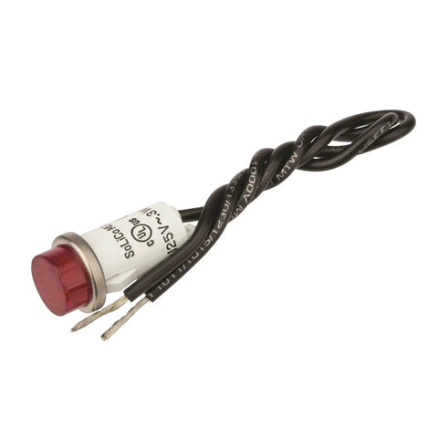 Round Indicator Light With Non Replacable Lamp, 125V, red lens, stainless bezel, twisted wires, UL Listed, for panel mounting.