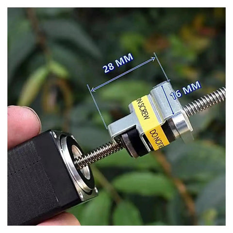 Close-up of 63mm stroke linear actuator with NEMA 11 mount, 28mm precision screw, in someone's hand, showing measurement labels.