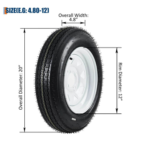 4.80-12 Bias Ply Trailer Tire And Wheel Assembly Set Of 2 With White 12 Inch Spoke Wheel Four Lug Four Inch PCD Load Range C 6PR