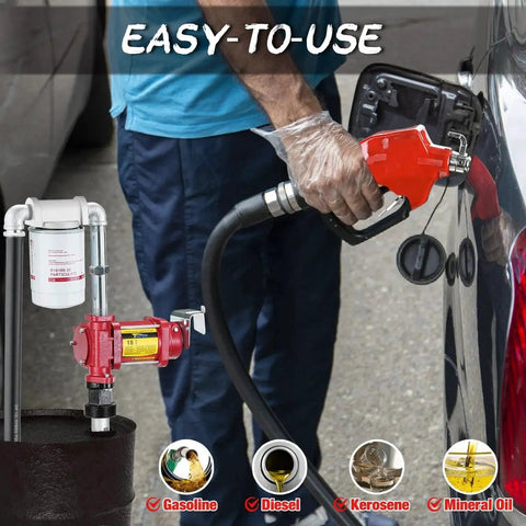 12V DC Self Priming Fuel Transfer Pump Kit With Explosion Proof Construction, 15 GPM Flow, automatic nozzle in use