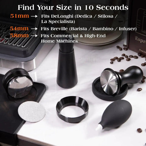 7 Piece Espresso Tools Kit For 54mm Breville Portafilters Includes 53.3mm Tamper Distributor Puck Screen Dosing Funnel WDT Tool Perfect Home Barista Gear displayed on a countertop with coffee beans.