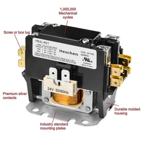 40 Amp 1 Pole Definite Purpose Contactor With 24V AC Coil Heavy Duty HVAC Replacement For C140A Models, front view with labels