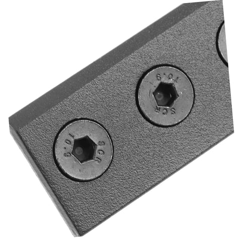 Close-up of black durable steel sliding barn door track connector replacement hardware flat repair plate with screws