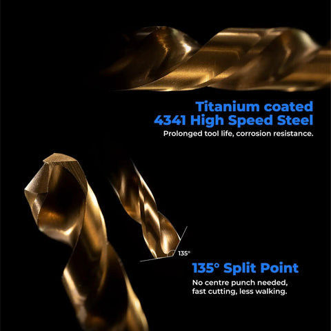Close-up of Titanium Coated Drill Bit Set 60 Piece with Portable Case highlighting 4341 HSS material and 135-degree split point angle.