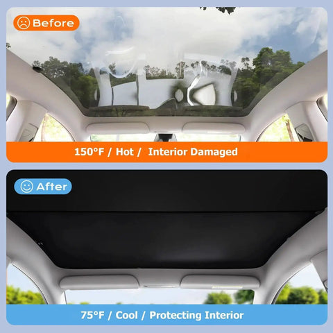 Before and after installation of Nano Reflective Sunshade For Model Y 2025 2026 Heat Insulation UV Protection on Tesla roof.