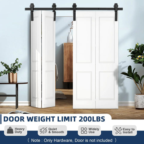 Beefed Up Bi Folding Sliding Barn Door Hardware Kit For Four Doors, 14 Inch Bifold Track System With 200 Lb Capacity installed