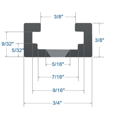 Diagram of Beefy Aluminum T Track 3 Inch Intersection Kit for woodworking, shows dimensions and profile with pre drilled mounting holes.