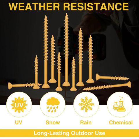 Illustration of Exterior Wood Screws Kit With Four Hundred Pieces In Five Sizes For Decks And Fences shown with weather resistance icons.