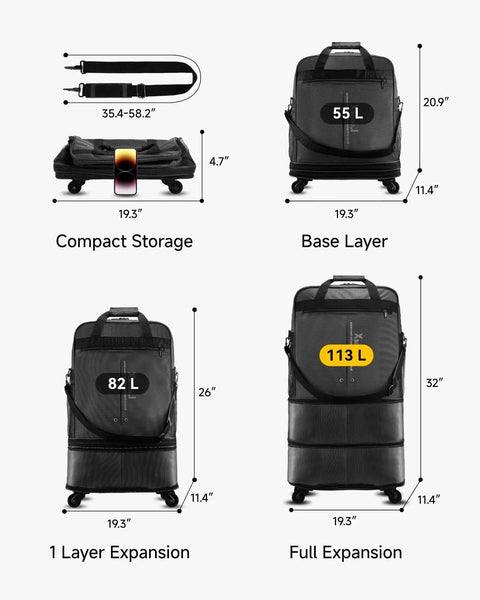 Expandable Rolling Duffel Bag With Spinner Wheels Lightweight Collapsible Luggage 55L-113L Capacity no telescopic handle dimensions