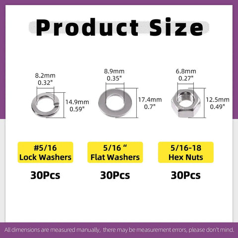 Grab-And-Go 90 Pcs Assortment Kit SAE 304 Stainless Steel 5/16-18 Hex Nuts, Flat Washers, And Split Lock Washers for Home use