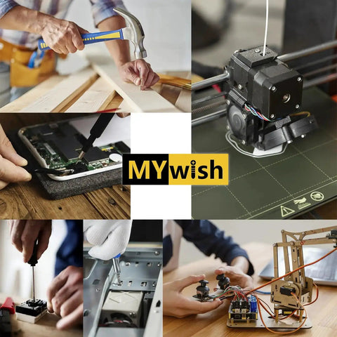 Collage showing DIY projects, electronics repair, and 3D printing associated with 800 Piece M2 Screw And Nut Kit.