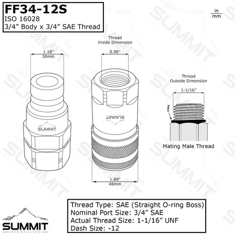 Summit flat-face high-flow skid-steer hydraulic quick-connect couplers set, 3/4" SAE body, dust caps