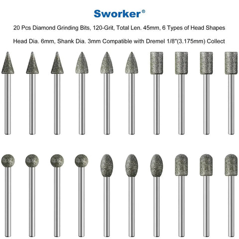 20Pcs 120 Grit Diamond Grinding Bits for Dremel Tools with 1 8th Inch Shank in various head shapes and sizes