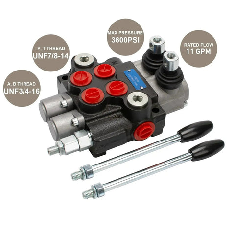 Hydraulic Directional Control Valve 2 Spool 11 GPM SAE Ports Tractor Loader Valve With Joystick Black for log splitters and tractors