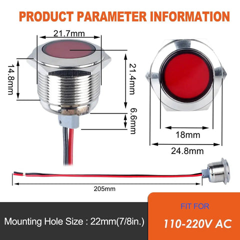 Dimensions of Pair 22mm Metal Indicator Light Panel Mount Super Bright Red LED Waterproof IP67 110 To 220 VAC with 20cm Wire