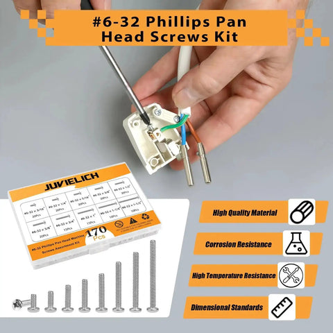 Hands assembling electrical component with 304 Stainless Steel Size 6-32 UNC Phillips Pan Head Machine Screws Assortment Kit In Ten Sizes.
