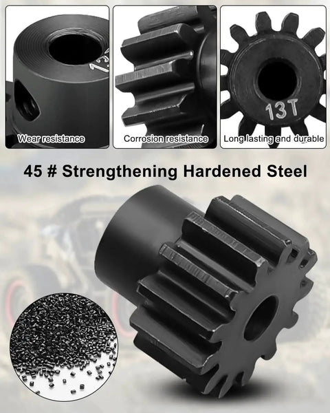 Close-up of Hardened Steel 32 Pitch 13 Tooth Pinion Gear Set for Traxxas Slash Rustler Stampede Raptor 4x4 VXL TRX4 TRX6 RC Cars