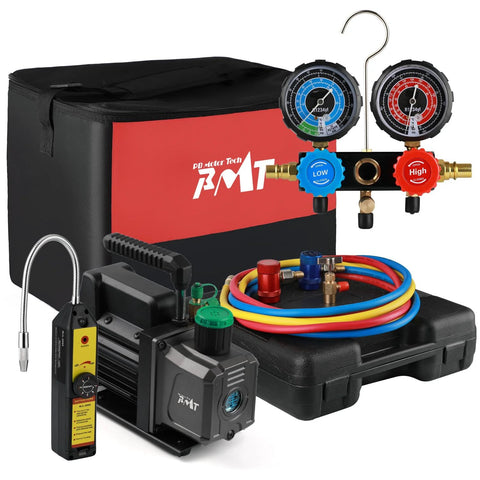 PB Motor Tech vacuum pump kit, 4.5 CFM, 1/3 HP, 3-way manifold gauges, leak detector, can tap, hoses, in carrying case