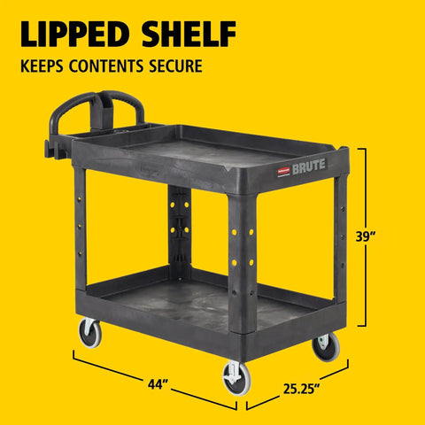 Two Shelf Foam Utility Cart With Lipped Shelves And Ergonomic Handle Black 500 Lb Capacity Durable Rolling Cart For Warehouse