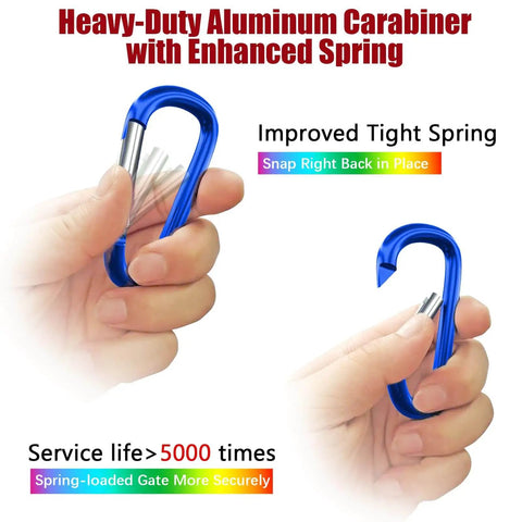 Heavy Duty Aluminum Carabiners Set of 4 Blue 4 Inch D Ring Clips With Spring Snap Hooks For Camping Hiking Keychains Dog Leashes Hammocks And Outdoor Gear Tough As Nails Durable Rock Climbing Clips in hand demonstrating spring action