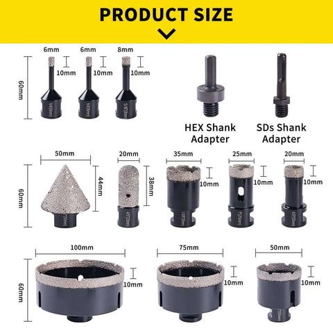 Beast Diamond Core Drill Bit Set For Porcelain Tile Ceramic Marble Granite Including 13 Piece Kit with adapters and hole saws