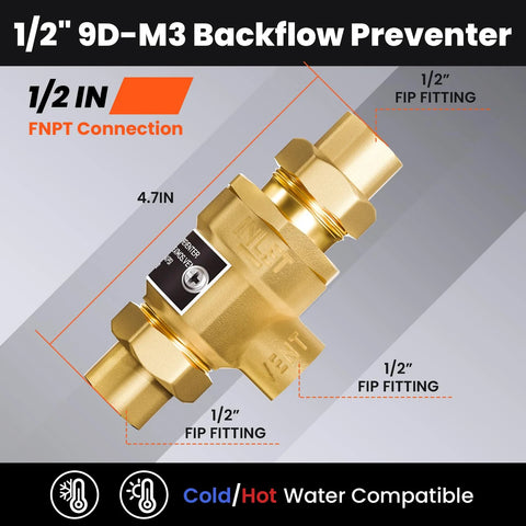1/2 in 9D-M3 brass backflow preventer, dual check valve, atm vent; 1/2 in FIP fittings; vertical or horizontal install.