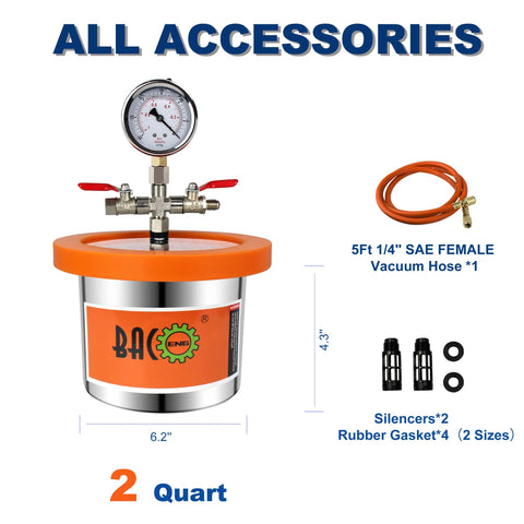 BACOENG 2-Quart stainless steel vacuum chamber with orange lid, gauge; includes 5 ft SAE vacuum hose and silencers.