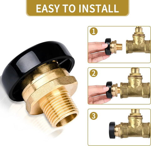 Brass vacuum relief valve, 1/2 inch, black cap; close-up of low-profile water heater valve
