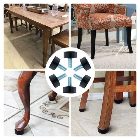 Eight Pack M8 Adjustable Rubber Furniture Levelers installed on chair and table legs for wobble reduction and floor protection.