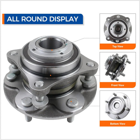 2WD Front Wheel Bearing And Hub Assembly With ABS Fits Toyota 4Runner 2003 To 2016 FJ Cruiser 2007 To 2009 Hilux 2005 To 2017 And Tacoma 2005 To 2019 Six Lug Direct Replacement For Easy Install And Long Lasting Performance displayed in top, front, and bottom views