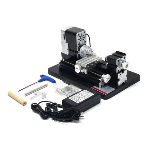 Front view of All Metal Mini Lathe For Hobbyists With 20000 RPM And 36W Power 12V 3A Motor 110 240V Switchable Supply 30mm Max Turning Diameter Didactic Metal Lathe Machine For Woodworking Crafts ZHRUI with accessories.