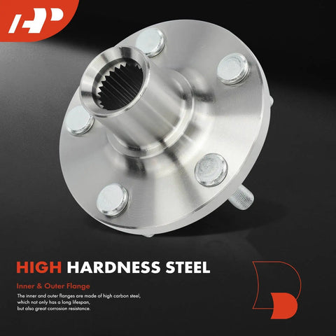 Two Front Wheel Bearing And Wheel Hub Kit For Chrysler PT Cruiser 2002 Through 2010 Neon 2002 And Dodge Neon SX 2.0 2003 2005 Front Left And Right Hub Assemblies Direct Fit Premium Quality Replacement Parts, close-up view of metal hub design