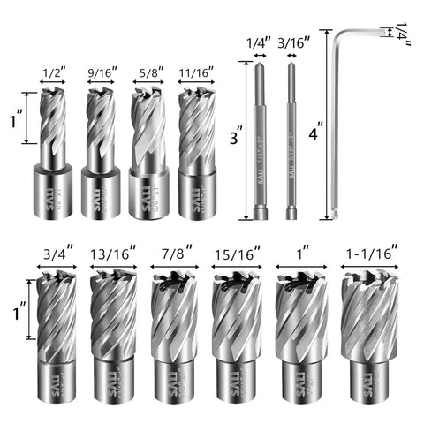Annular Cutter Set For Magnetic Drill Press Pro Grade 13 PC Weldon Shank 3/4 Inch Cutting Depth 1 Inch Outside Diameter From 1/2 Inch To 1-1/16 Inch HSS Fully Ground Drill Bits Kit With Two Pilot Pins And Hex Wrench displayed front view.