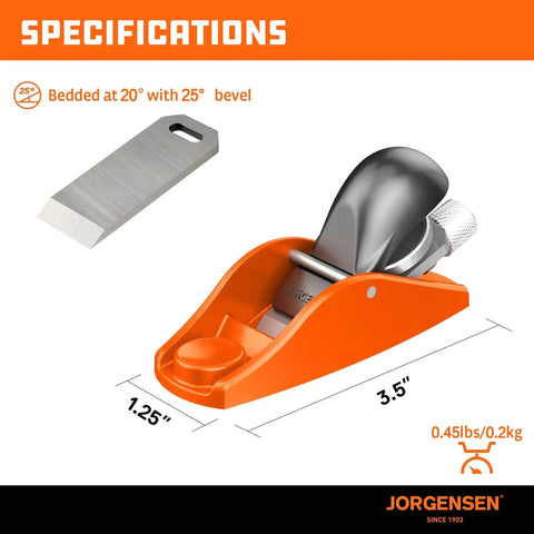 Orange Mini Wood Planer for Woodworking Pro Grade Hand Plane for Trimming and Finishing, Small Block Plane with Ductile Iron Body, Adjustable Cutting Depth, O1 Tool Steel Blade, Jorgensen No101, shown with specifications and dimensions.